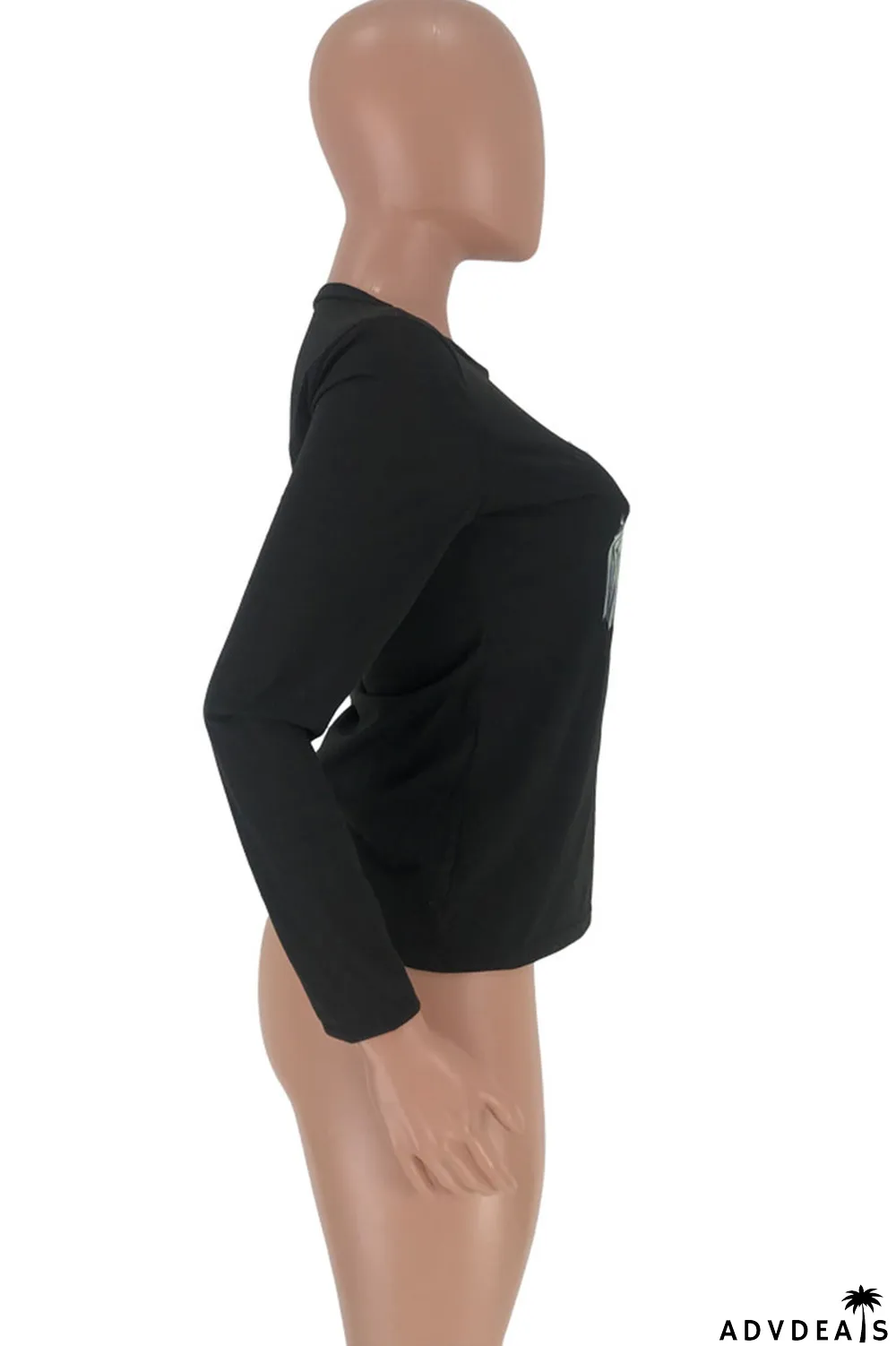 Black O Neck Long Sleeve Slim fit Print Tees & T-shirts