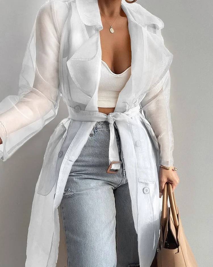Sheer Mesh Long Sleeve Transparent Jacket Coat Buttoned Longline Trench Coat with Belt 