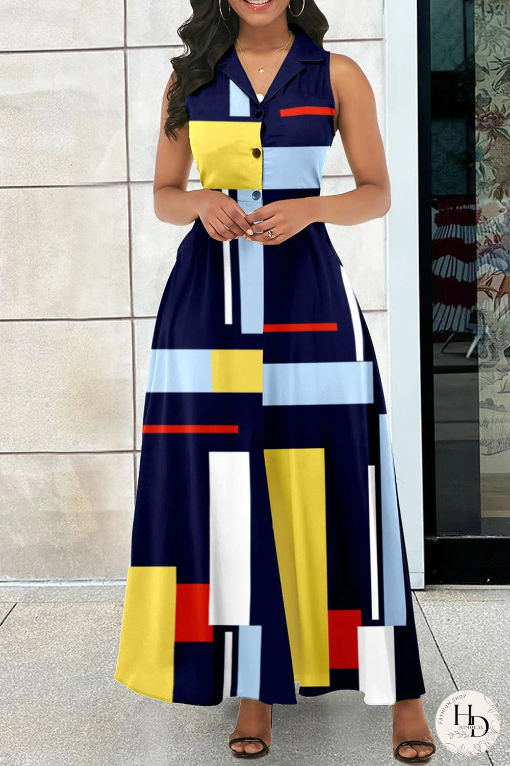 Red Casual Print Patchwork Turndown Collar Long Dress Dresses