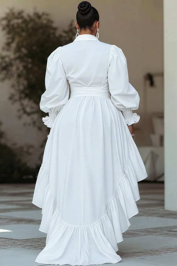 Xpluswear Design Plus Size Semi Formal White Shirt Collar Puff Sleeve Long Sleeve High Low Hem Casual Bow Tie Mini Dresses [Pre-Order]