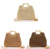 Ladies square wooden handle large capacity straw woven handbag