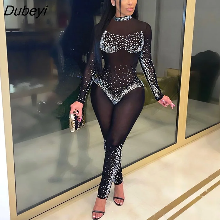 Dubeyi Women Hot Rhinestones Mesh See Though Sexy Skinny Elastic Long Sleeve Jumpsuit Streetwear Club One Piece Overall Rompe