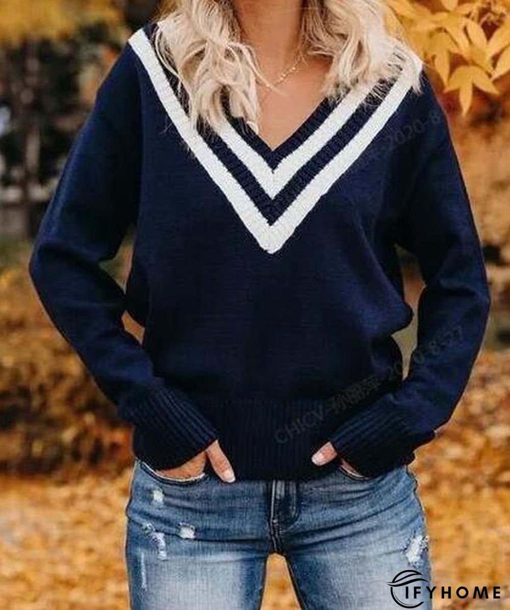 Deep Blue Casual Knitted Color-Block Long Sleeve Sweater | IFYHOME