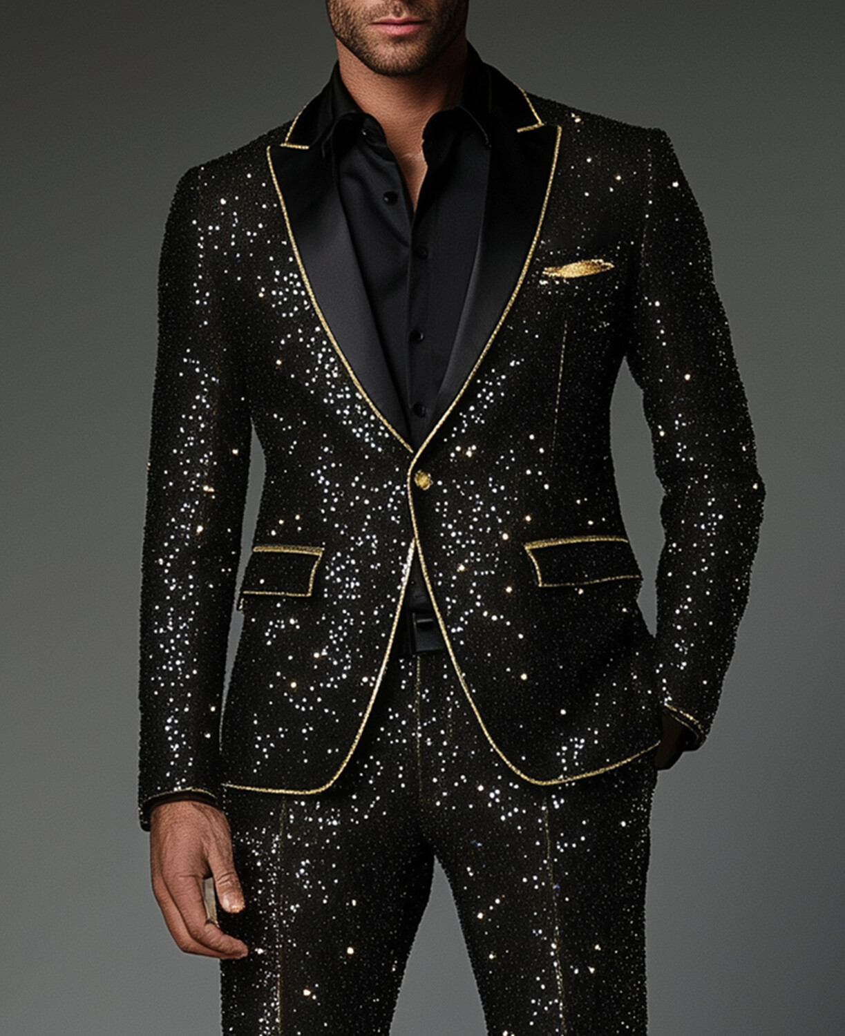 Okaywear Peak Lapel One Button Contrast Binding Sequin Blazer