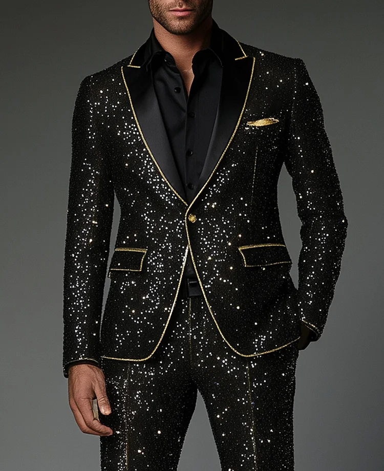 Okaywear Peak Lapel One Button Contrast Binding Sequin Blazer Okaywear