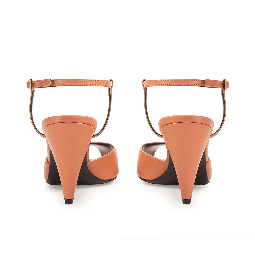 Women's Orange Peep Toe Cone Heel Ankle Strap Sandals with Buckle