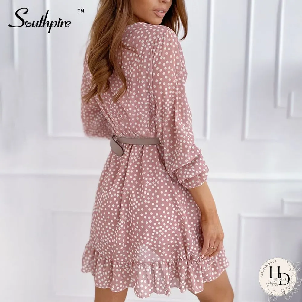 Southpyre Sexy V-Neck Pink Polka Dot Mini Dress Womens Long Sleeve Ruffle Elegant Party