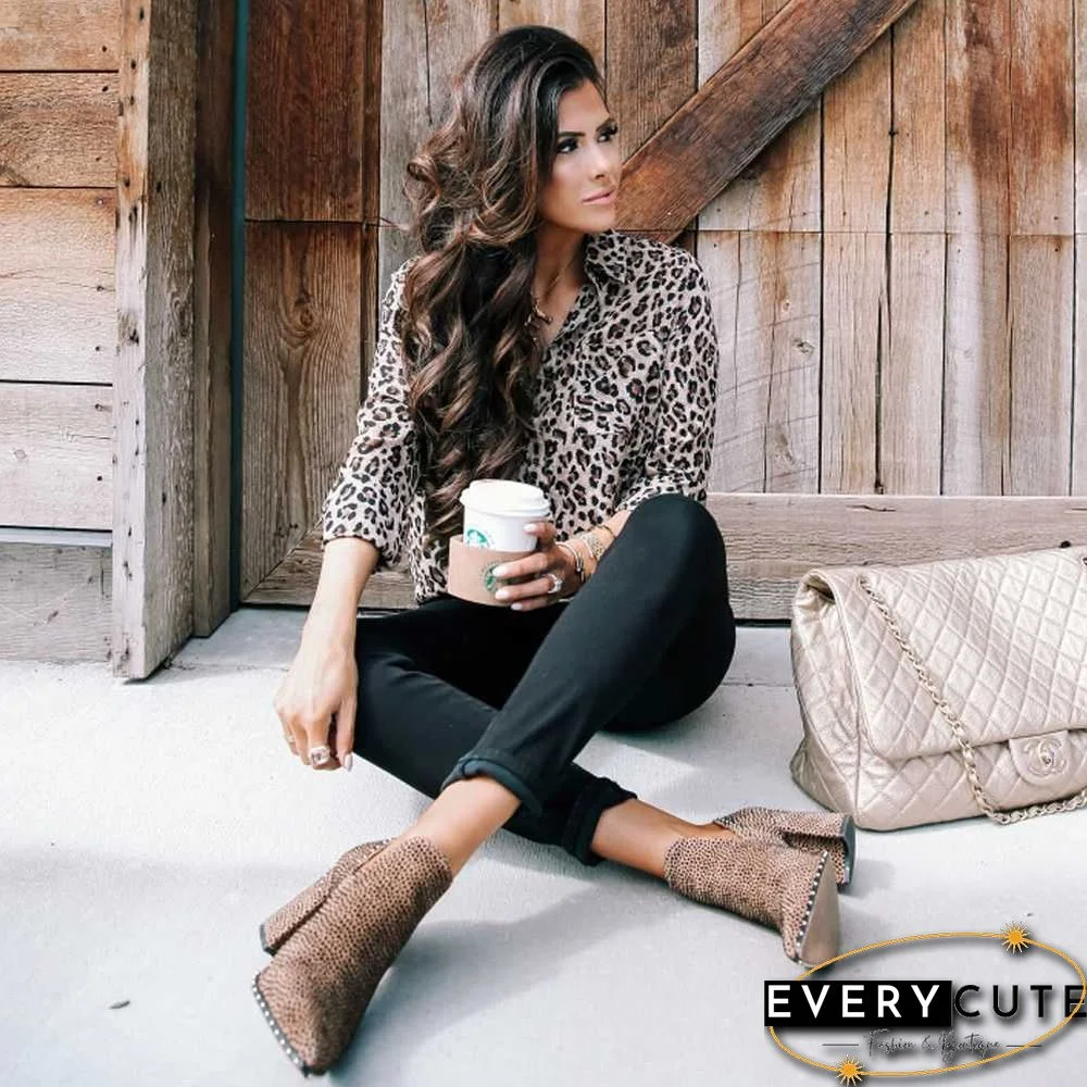 Oversized Retro Long Sleeve Leopard Print Button Up Shirt Womens