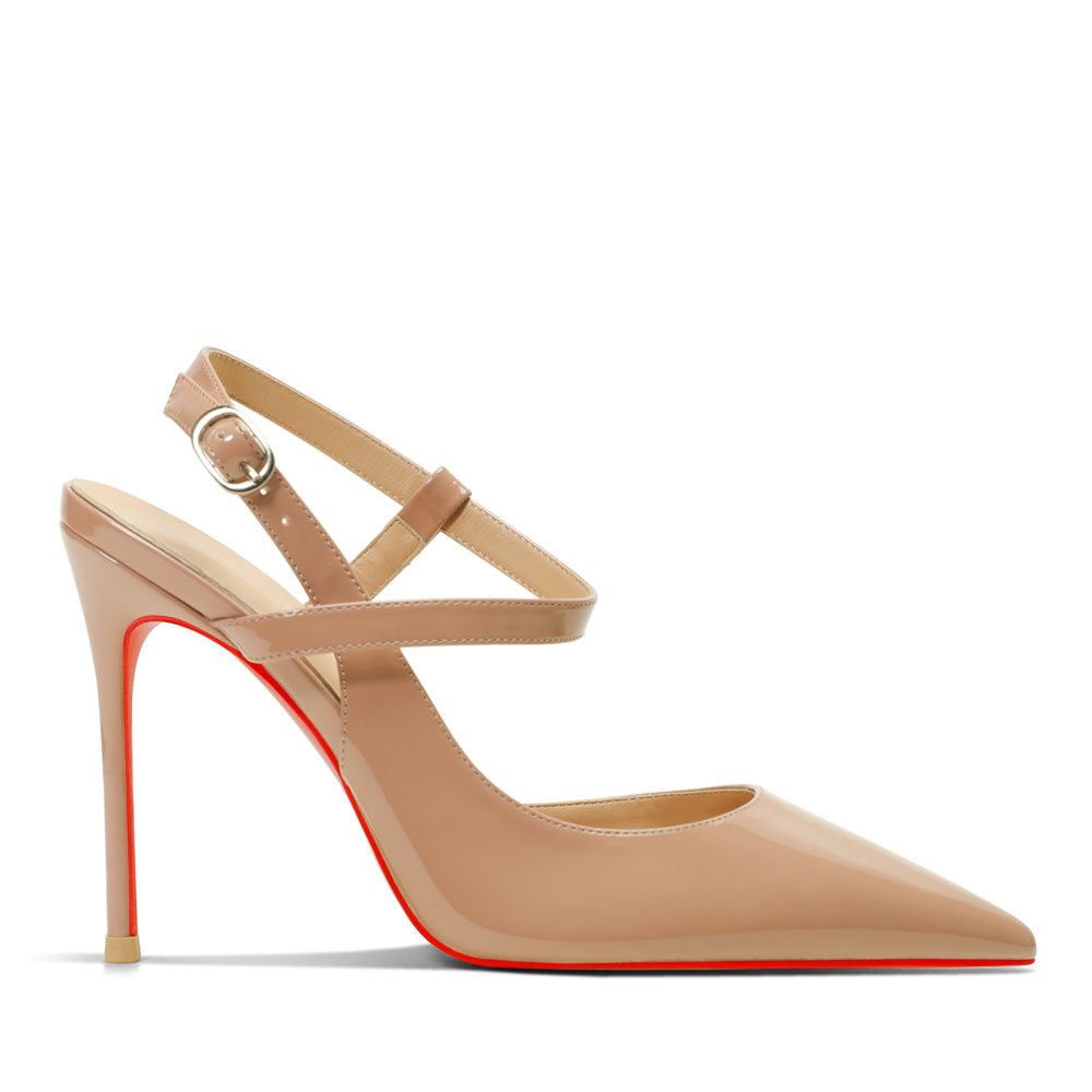 100mm Women Slingback Pumps Ankle Strap Jenlove Stiletto Mid Heel Close Pointed Toe Dress Red Bottoms Shoes-MERUMOTE