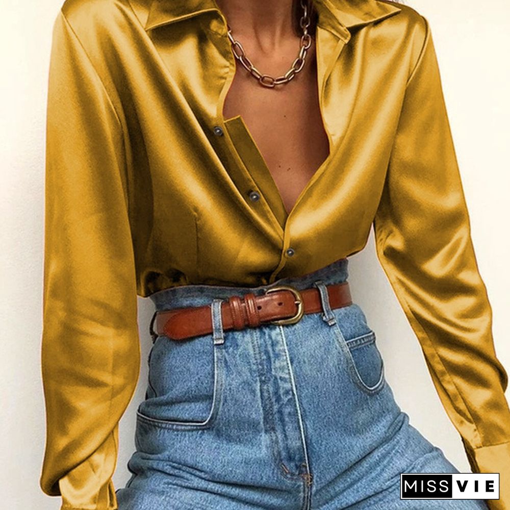 Autumn Women Silk Satin Long Sleeve Lapel Collar Shirt Tops Button Down Laides Casual Elegant Blouse Tops