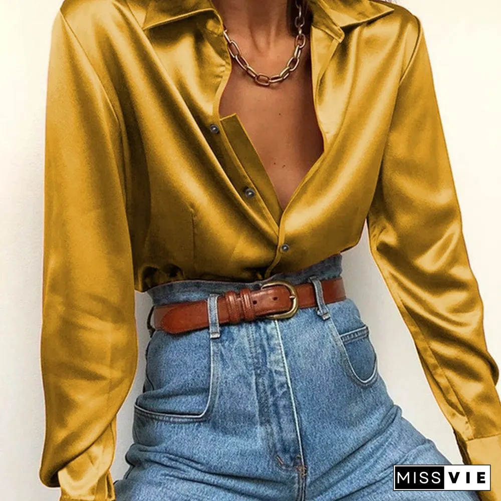 Autumn Women Silk Satin Long Sleeve Lapel Collar Shirt Tops Button Down Laides Casual Elegant Blouse Tops