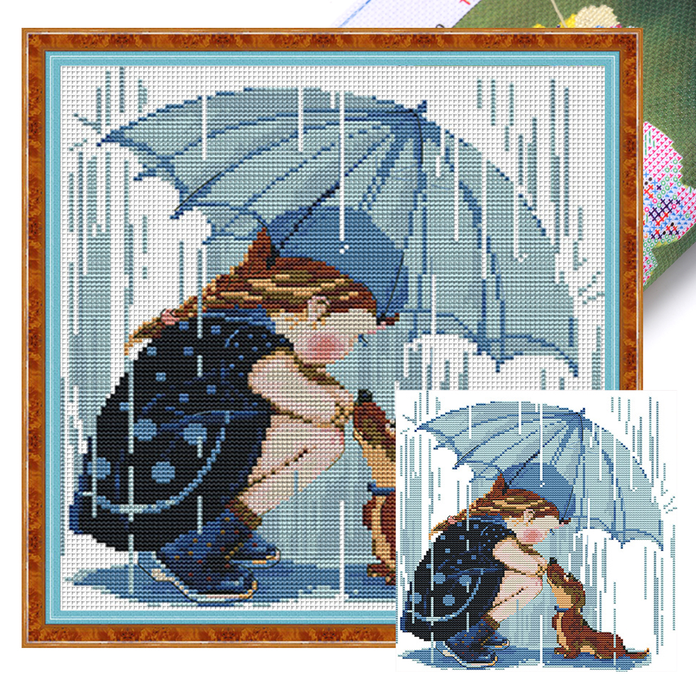 Girl And Dog Partial 14CT Pre-stamped Canvas(29*30cm) Cross Stitch(backstitch)