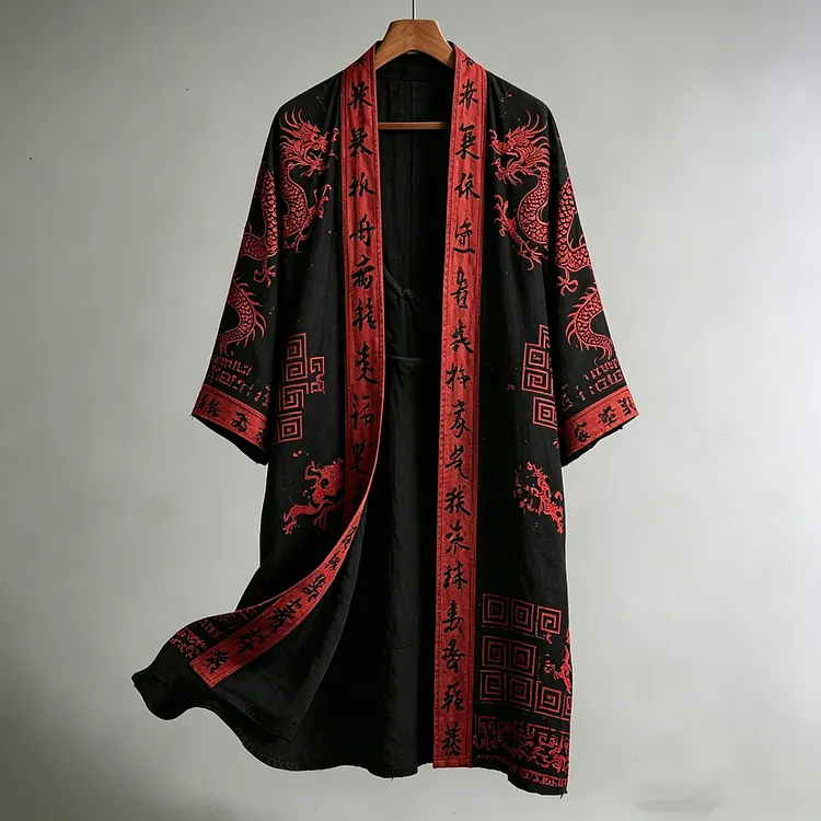 Men's Retro Dragon Japanese Linen Blend Long Kimono