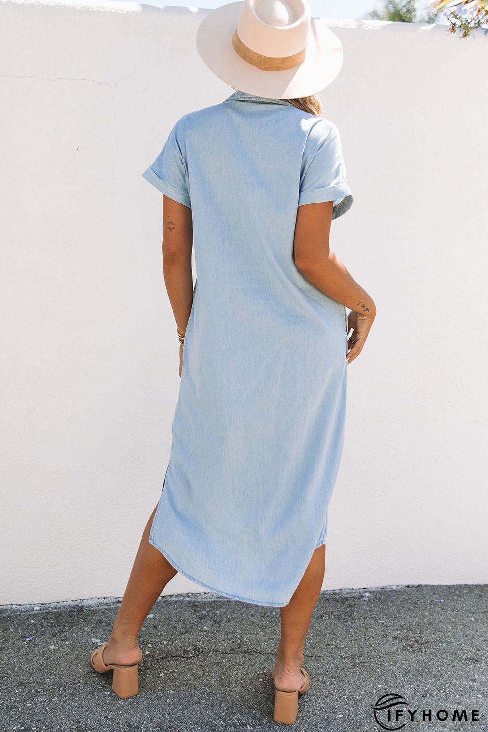 Sky Blue Chambray Shirt Short Sleeves Midi Dress | IFYHOME