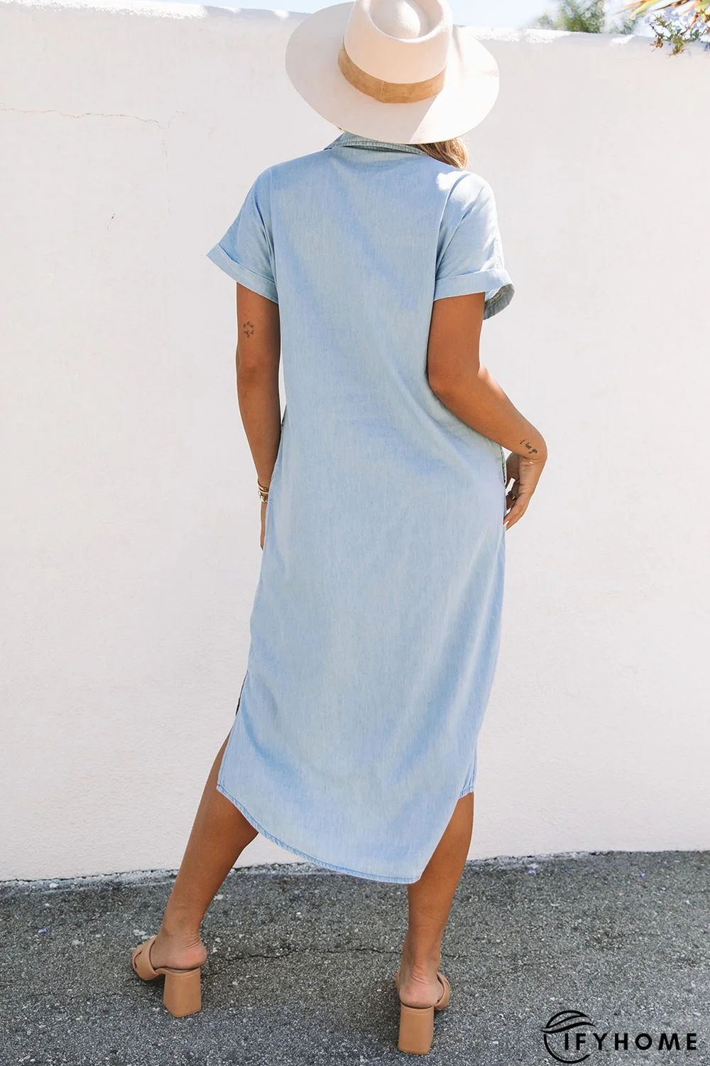 Sky Blue Chambray Shirt Short Sleeves Midi Dress | IFYHOME