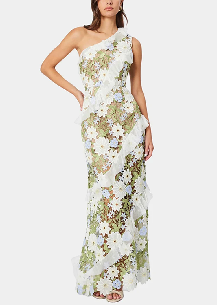 Art Green Embroidered Floral Ruffled Long Dresses Sleeveless