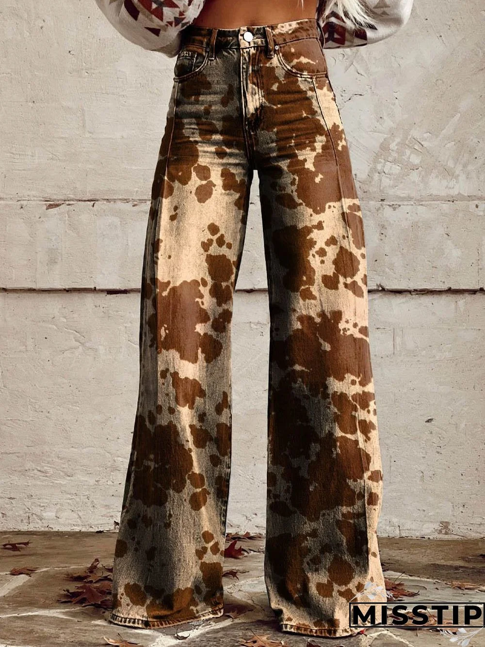 Women's Brown Cow Texture Print Casual Wide Leg Pants