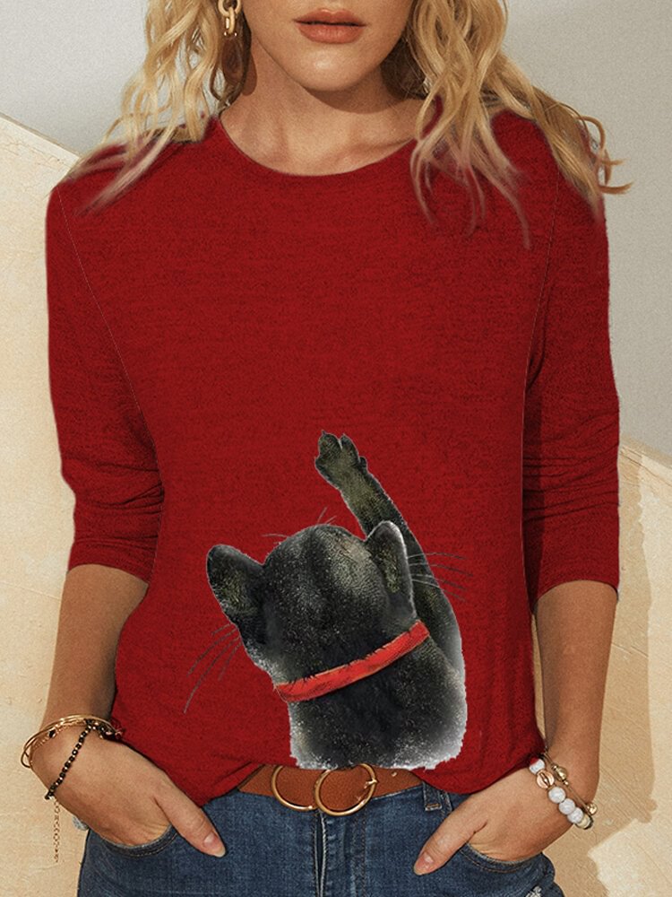 Cat Print O neck Long Sleeve Casual T Shirt For Women P1801399