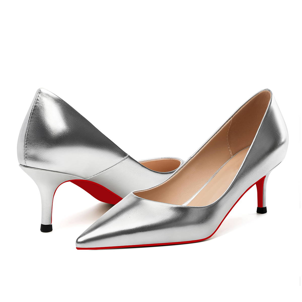2.36"  Pointed Toe Red Bottom Kitten Heels Daily Patent Pumps for Women-MERUMOTE