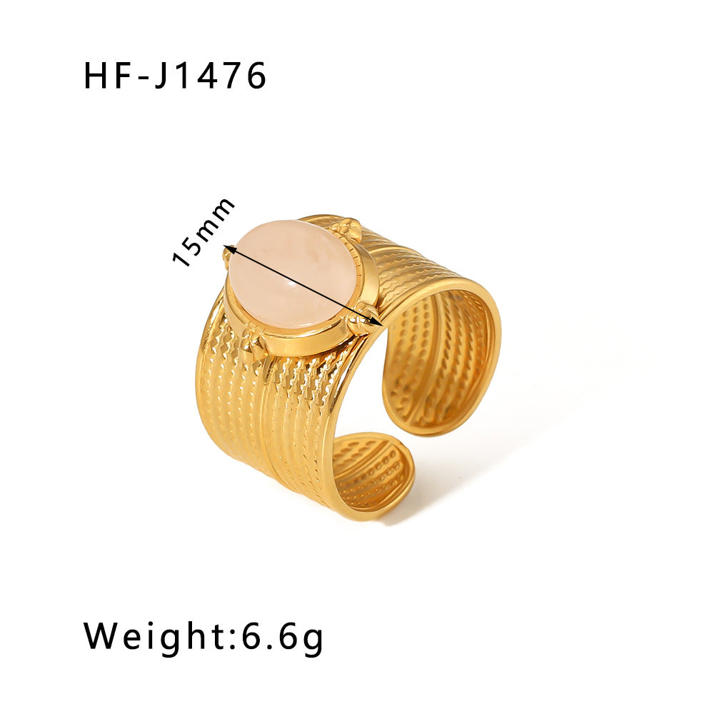 Women IG Style Polka Dot Round Circle Stripe Ellipse Geometric Stainless Steel Gemstone Inlay Rings