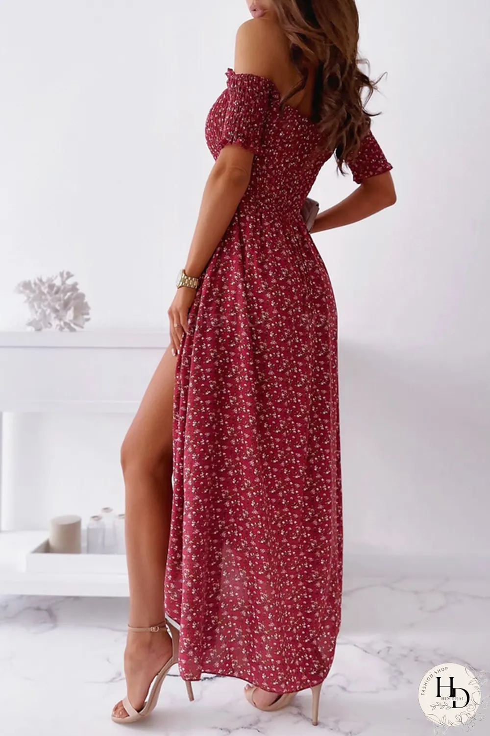 Elegant Floral Slit Fold Off the Shoulder Waist Skirt Dresses(5 Colors)