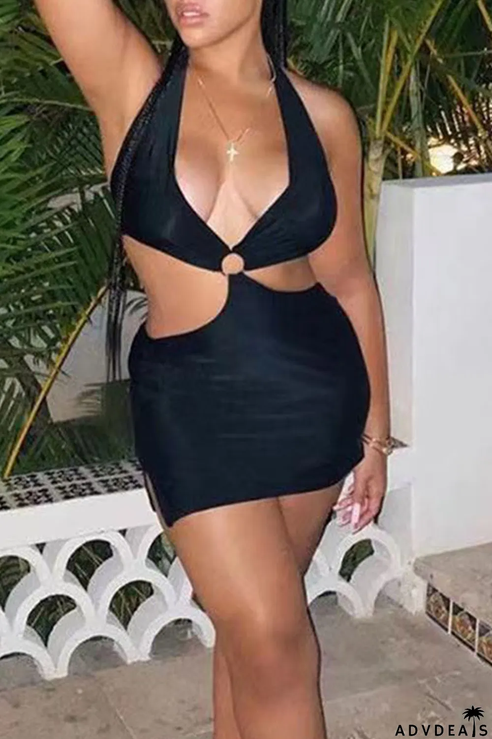 Blue Sexy Solid Hollowed Out Patchwork Halter Pencil Skirt Dresses