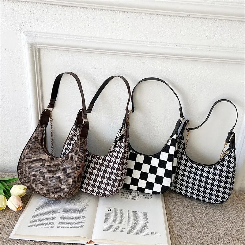 Plaid Canvas Women's Bag New PU Leather Crescent Shoulder Bag Fashionable Simple Zipper Pure Color Handbags for Women 2022