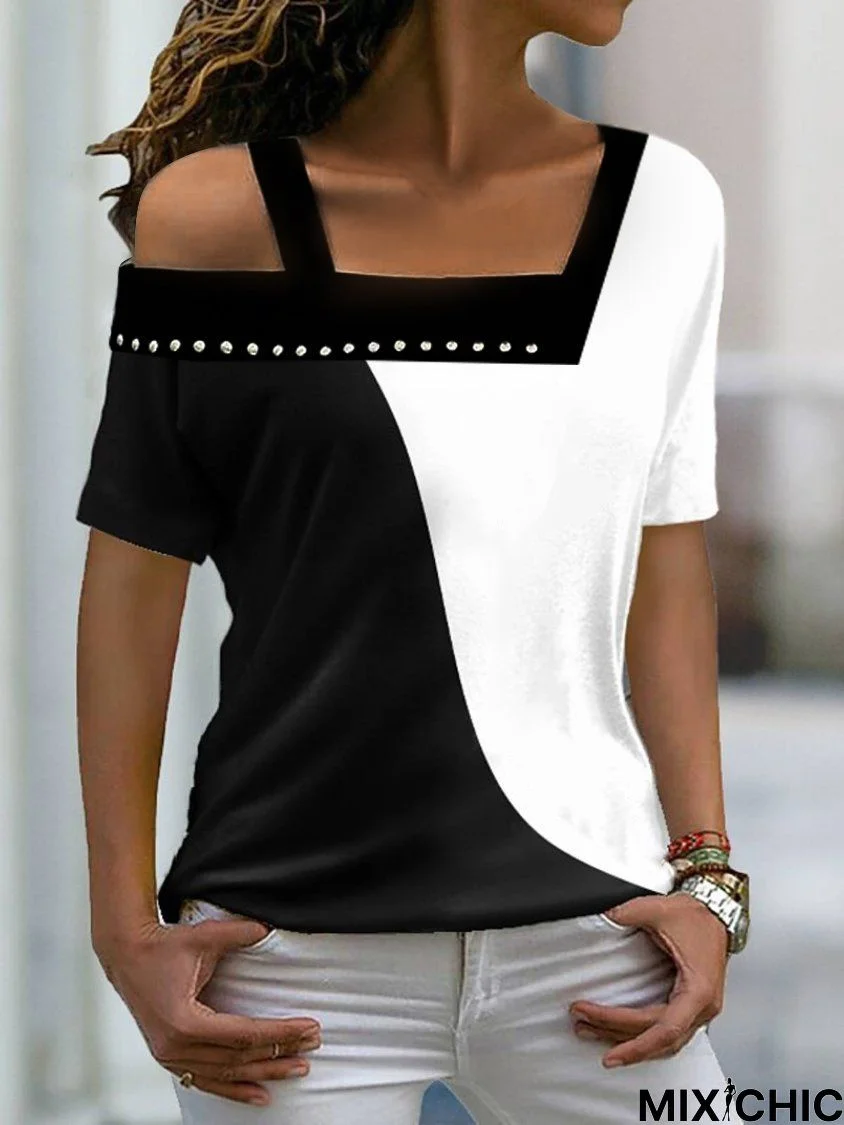 Women's Casual Weekend Color Block Loosen Asymmetrical Neck T shirt Tee short Sleeve Print Basic T-Shirt