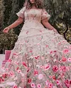 Women's Pink Short-sleeved Mesh Flower Embroidery Dress - 01