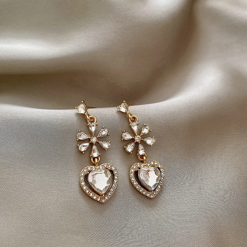 Rhinestone Flower Heart Drop Earrings