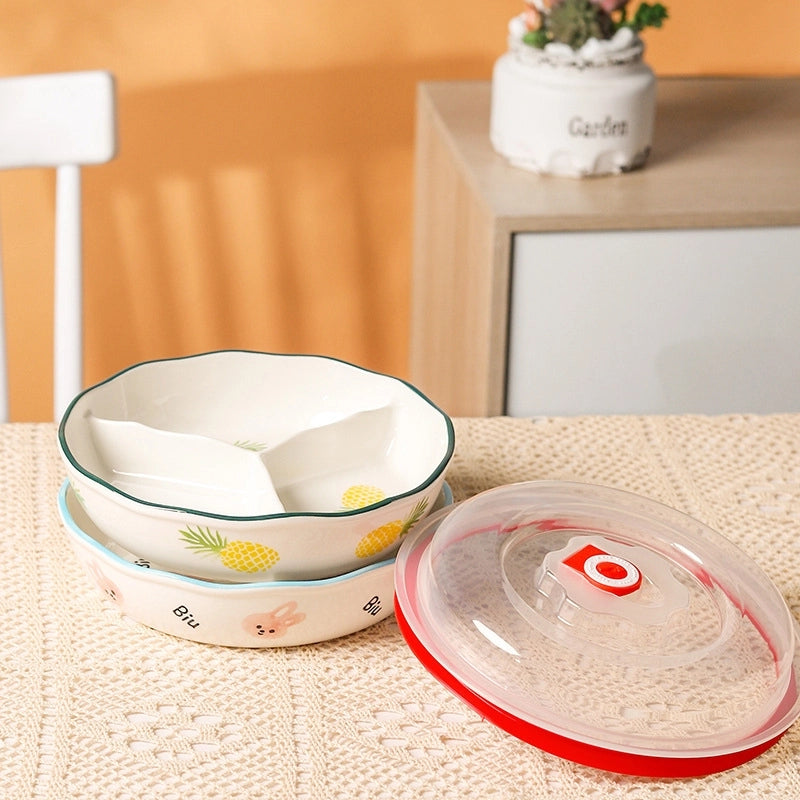Ceramic Compartment Deep Bowl With Lid Sealed Partition Bowl Heat-resistant Microwave Oven Special Three-compartment Bowl Plate Snack Lunch Box