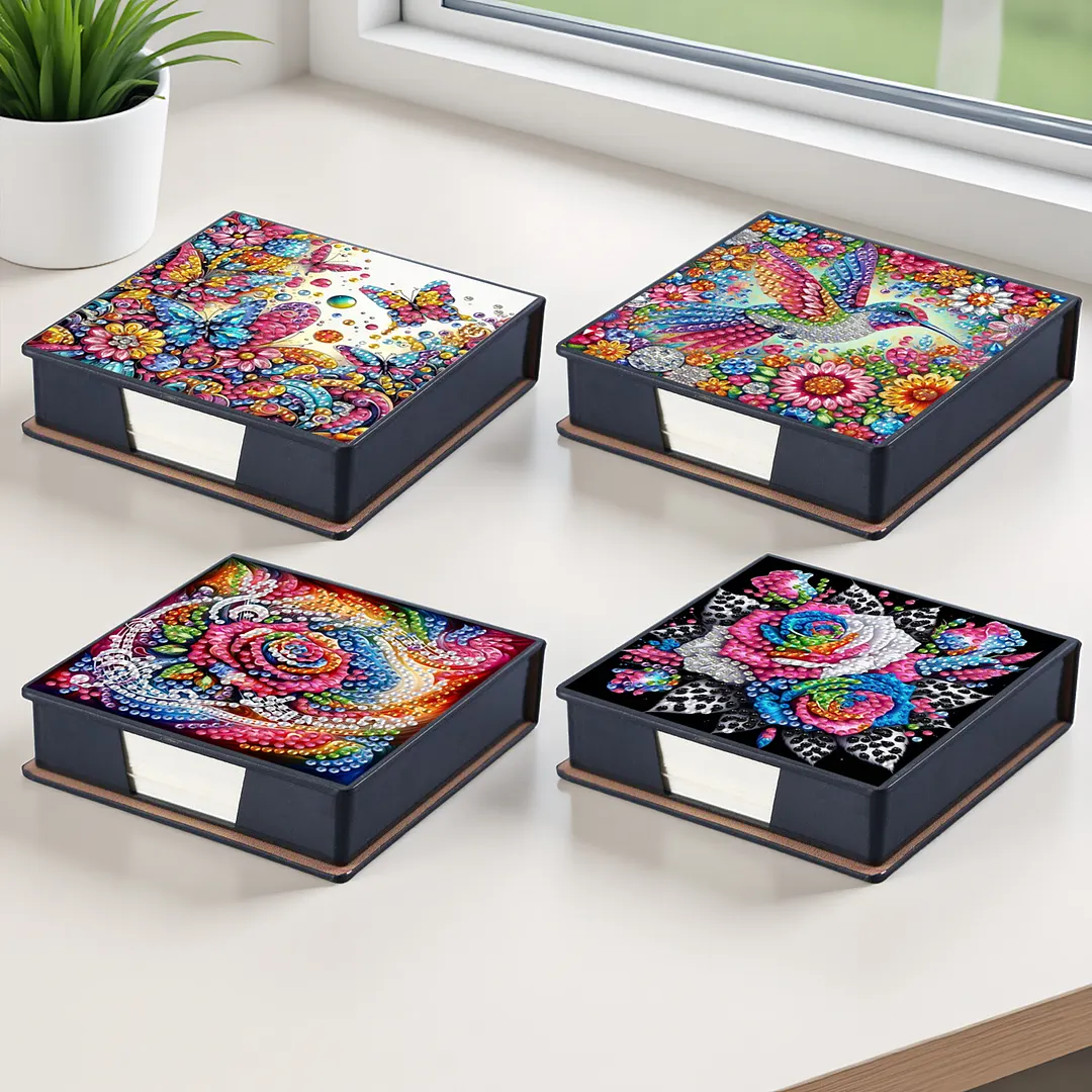 4pcs Flower Bird PU DIY Diamond Painting Kit Note Box with 160 Papers for Office