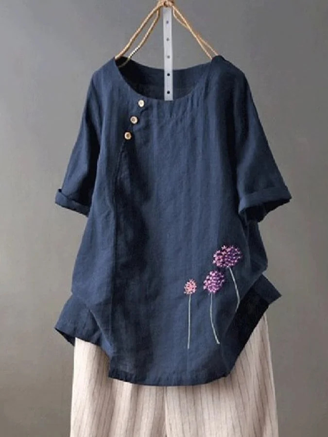 Women'S Embroidered Cotton And Linen O-Neck Button Short Sleeve Blouse