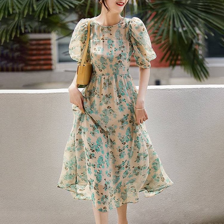 Printed Puff Sleeve Casual Dress QueenFunky