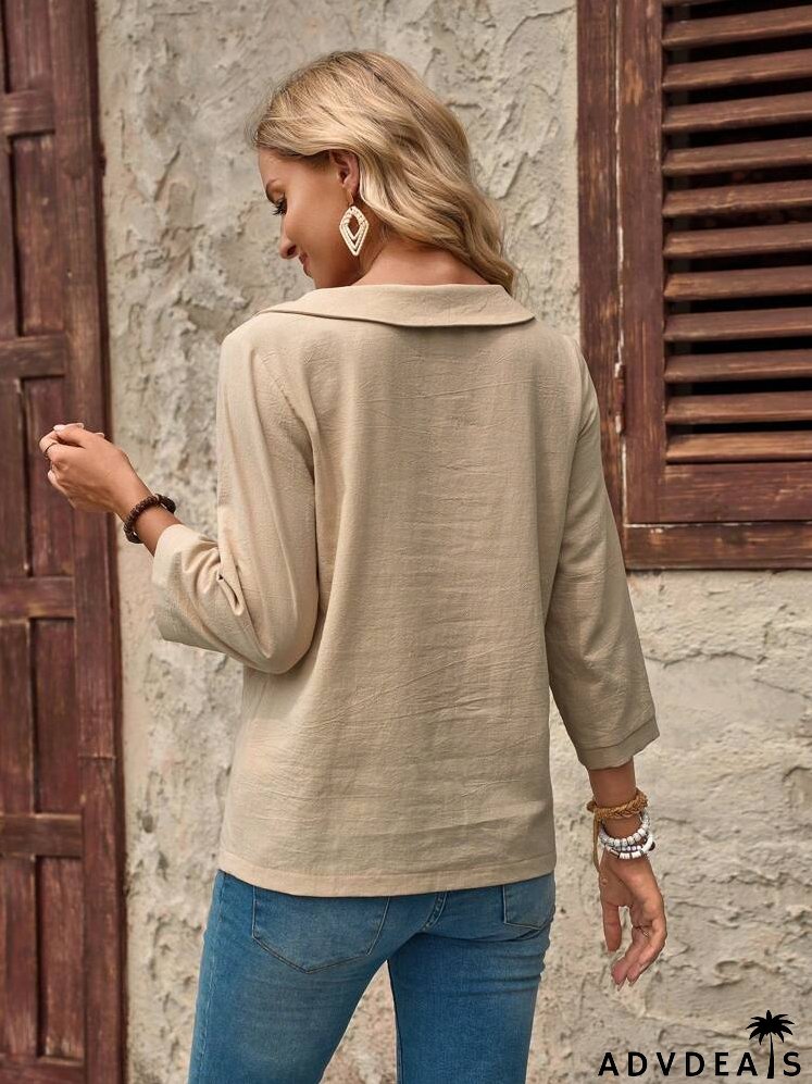 Ladies' Simple Solid Color Long Sleeve Linen Casual Shirt