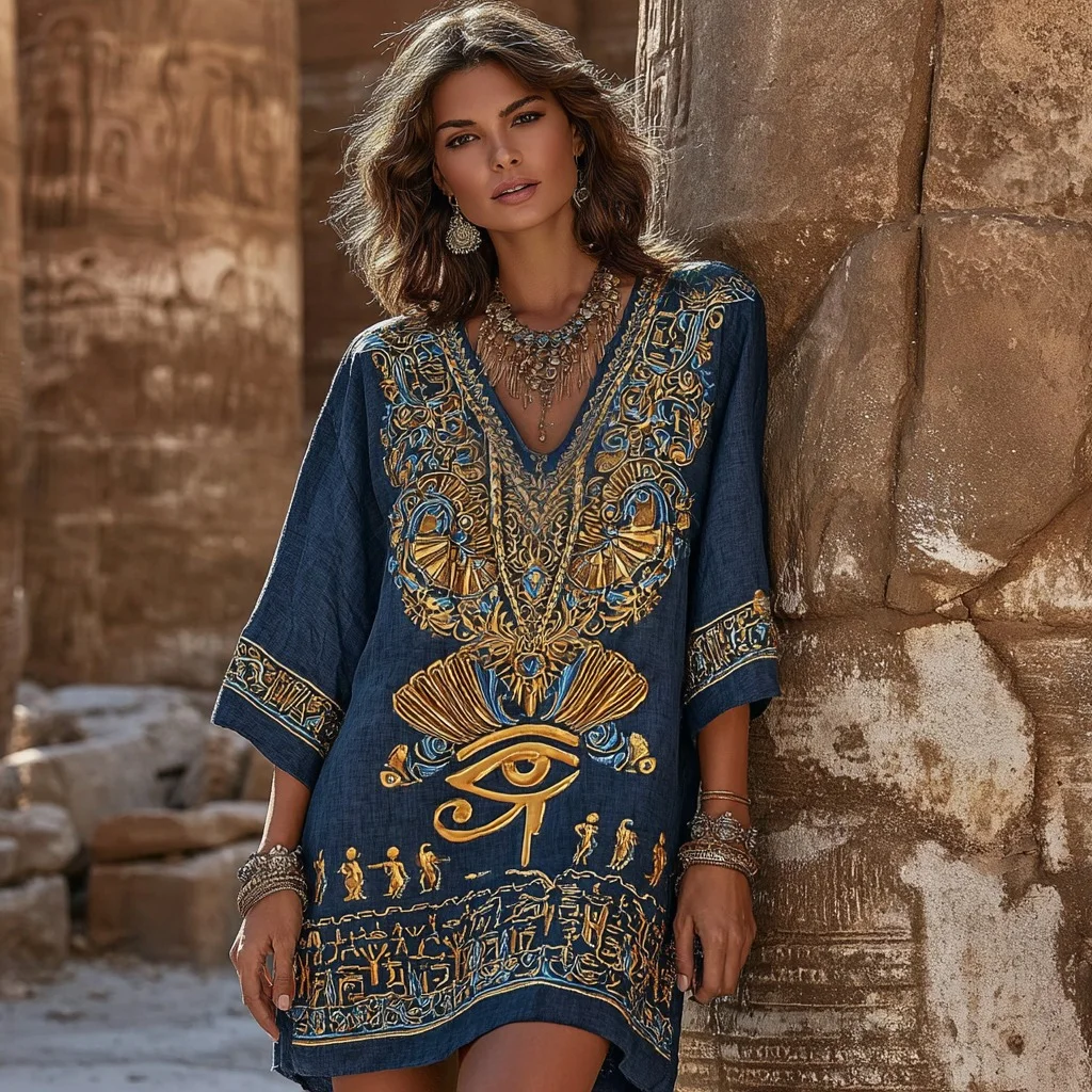 Women's Vintage Egyptian Eye Of Horus Symbol Long Sleeve Dress