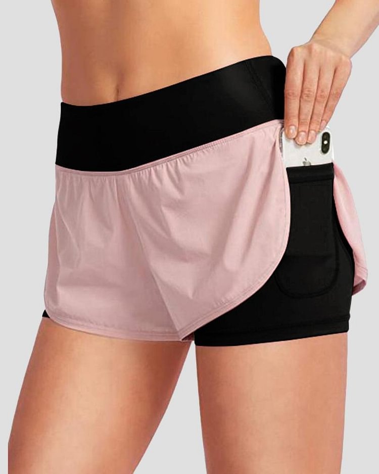 Colorblock Pocket Decor Zip Back 2 IN 1 High Waist Sports Shorts - Shop Trendy Women's Clothing | LoverChic