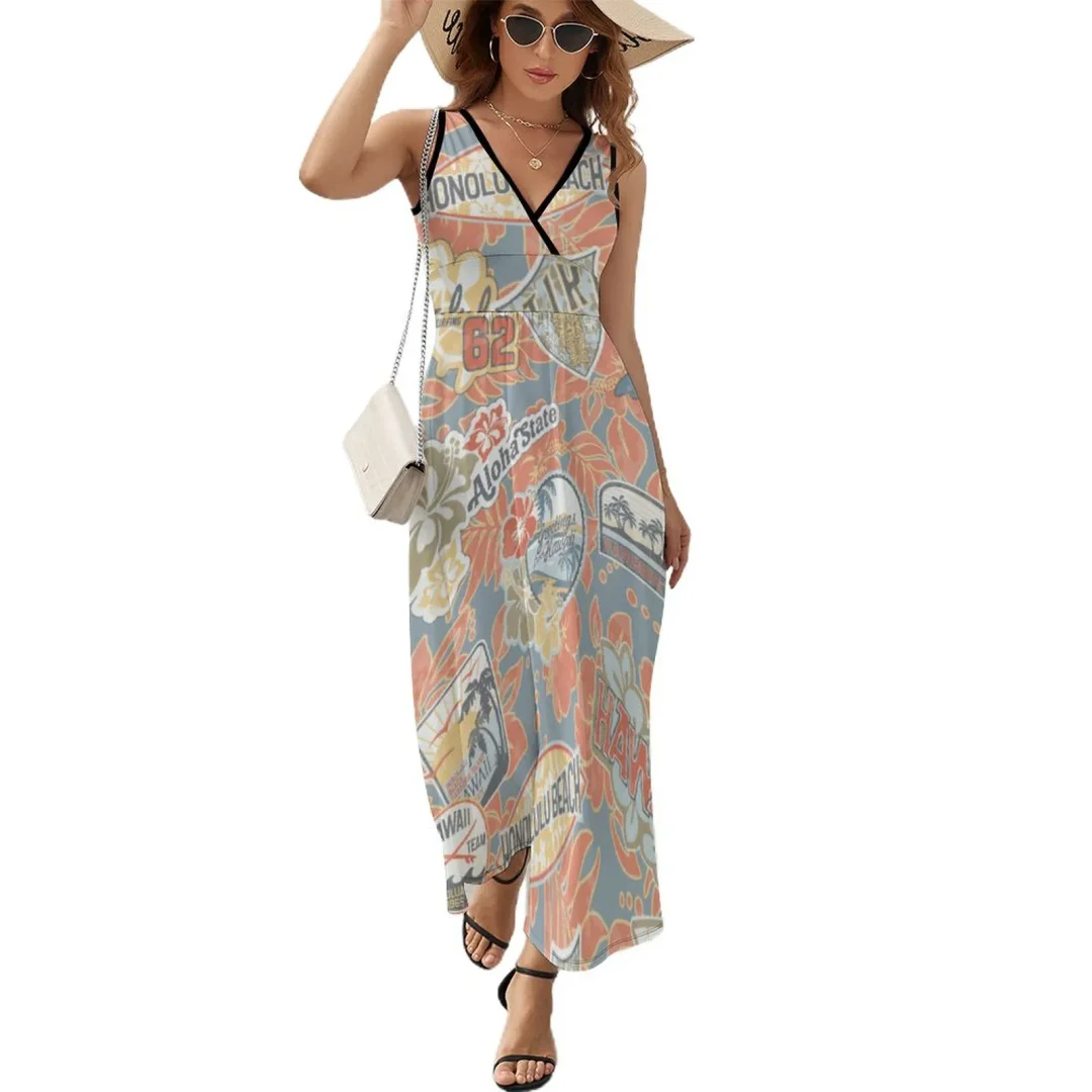 Vintage Hawaiian Surfing Tiki Summer Maxi Sleeveless Dress Summer Loose Casual V Neck Long Party Beach Dress
