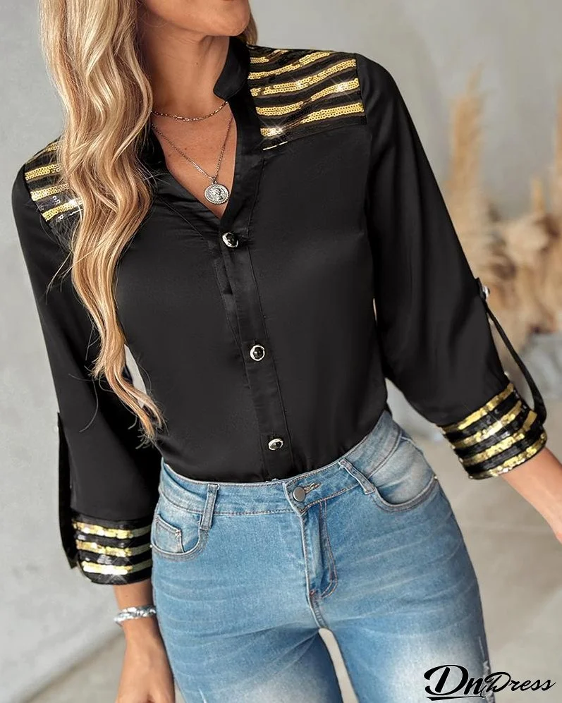 Contrast Sequin Buttoned Long Sleeve Top