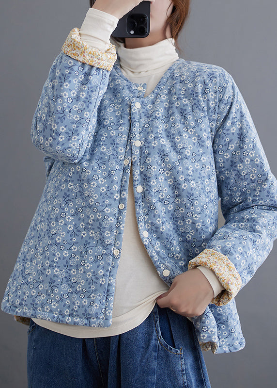 VCSHOES Loose Blue Button Print Patchwork Cotton Filled Parka Winter