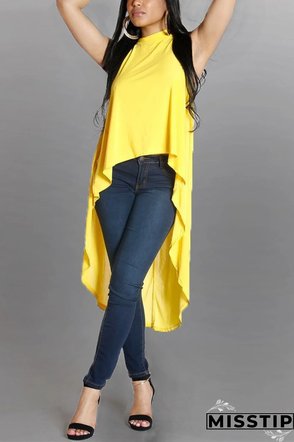 Yellow O Neck Sleeveless Patchwork Solid asymmetrical Tees & T-shirts