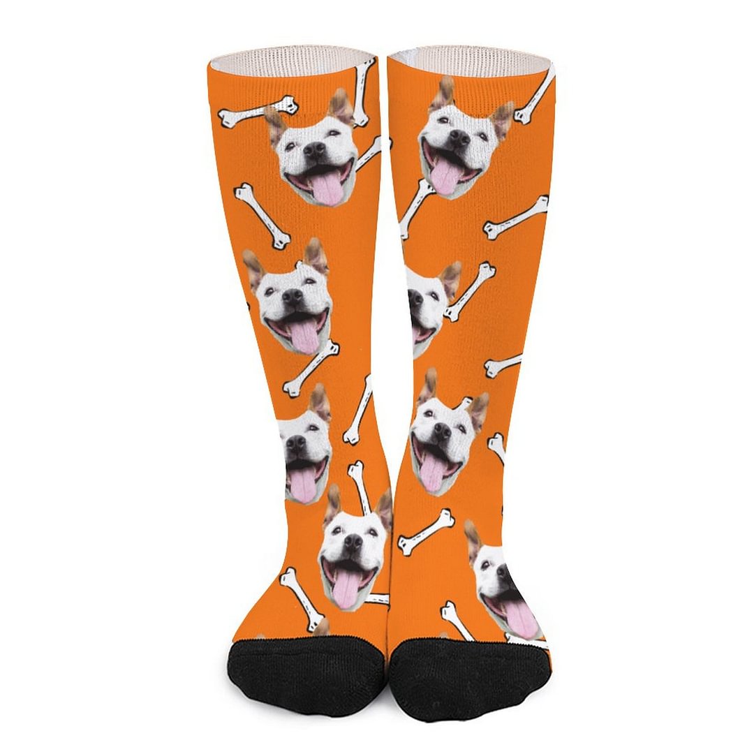 Custom Dog Face on Bones Orange Socks