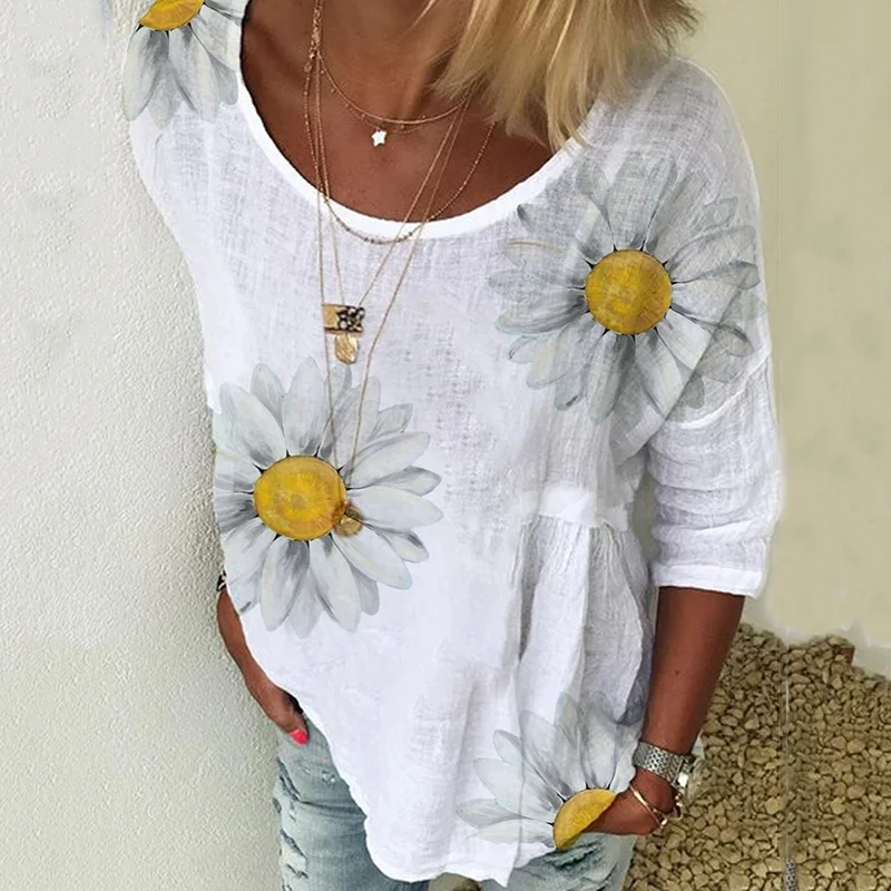Chrysanthemum print round neck women's short-sleeved T-shirt