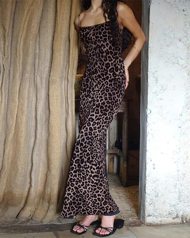 Leopard Print Strap Sleeveless Square Neck Maxi Dress