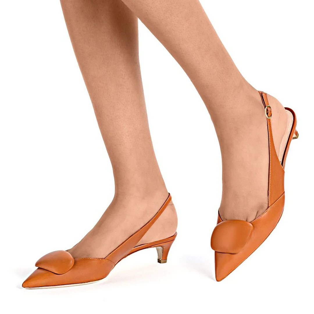 Tan Vegan Leather Pointed Toe Office Slingback Kitten Heel Pumps