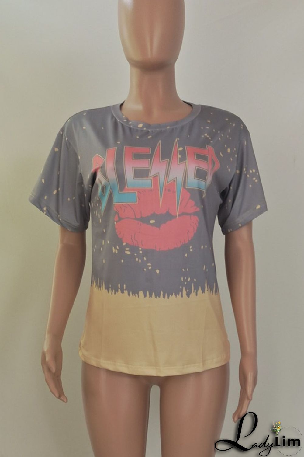 Grey Casual Street Print Split Joint O Neck T-Shirts