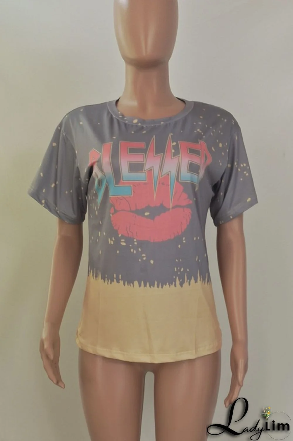 Grey Casual Street Print Split Joint O Neck T-Shirts