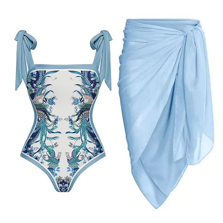 Vioye Blue Reversible Bowknot Tie-shoulder One Piece Swimsuit and Sarong/Skirt
