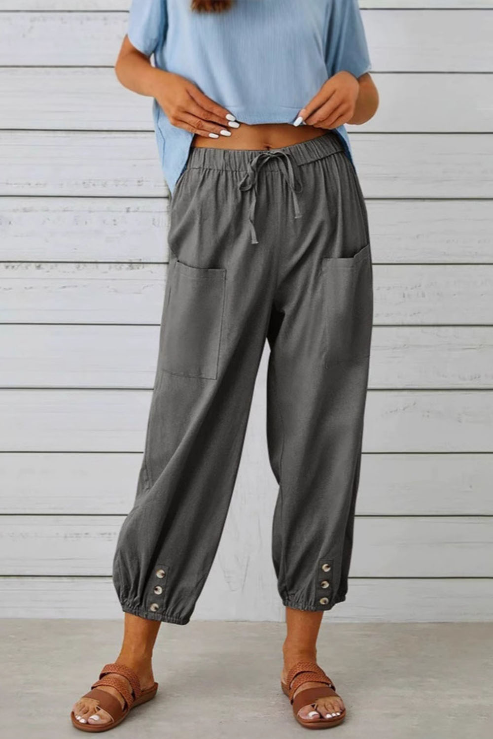Plus Size Casual Light Gray Cotton And Linen High Rise Button Drawstring Cropped Pants 2024 - Flycurvy 