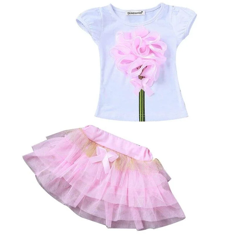 Summer Toddler Girls Cute Sets Costumes For Kids T-Shirt Tutu Skirt 2pcs Sport Suit Children Clothing Outfit 3 4 5 6 7 8 Year